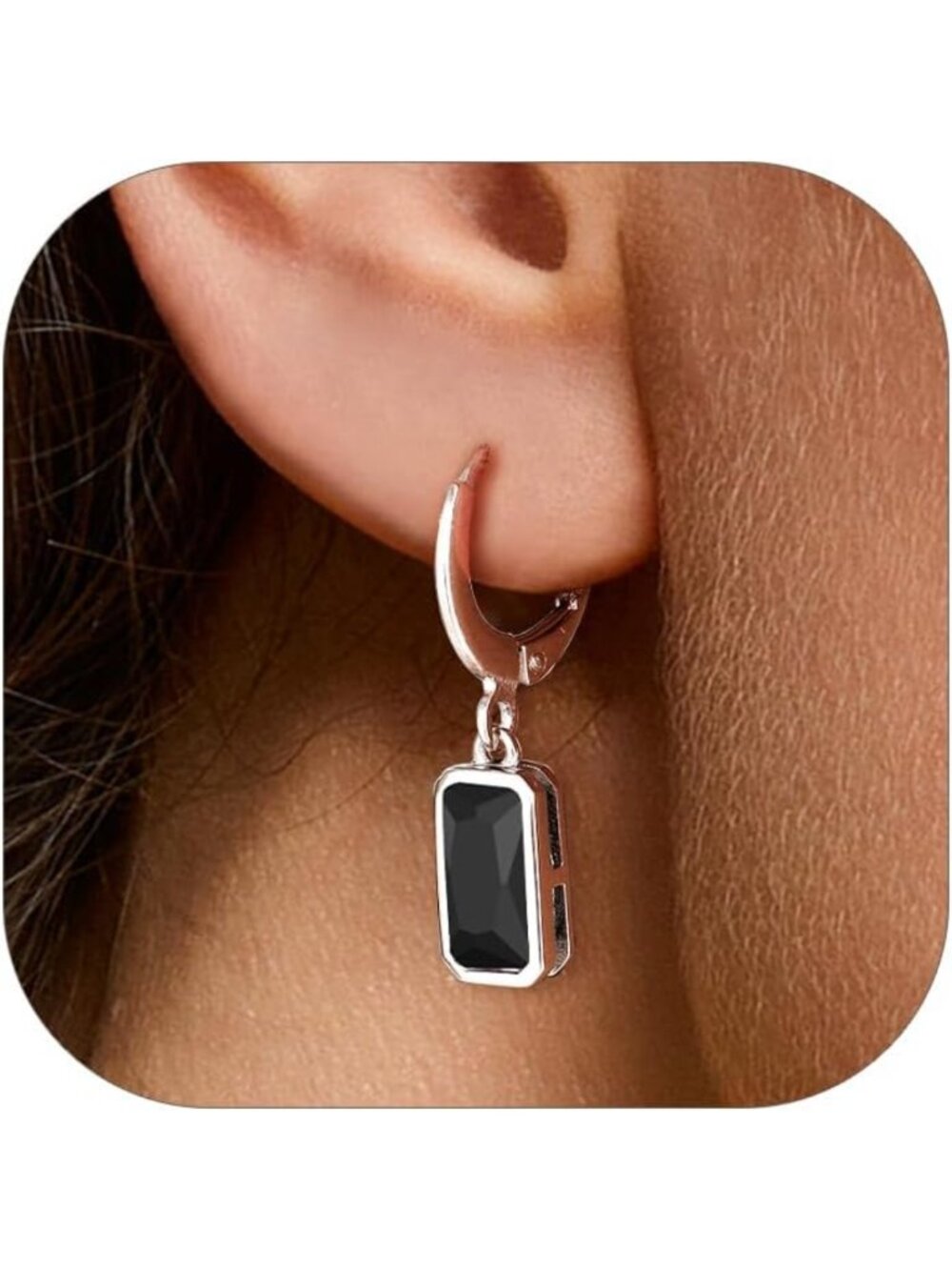 Dainty Birthstone Drop Earrings with Rectangular Baguette Crystal & Huggie Hoop